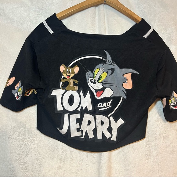 Tom & Jerry Size S Black Mesh Crop Top Jersey‎ Short Sleeve V Neck 3 Buttons - Picture 6 of 10